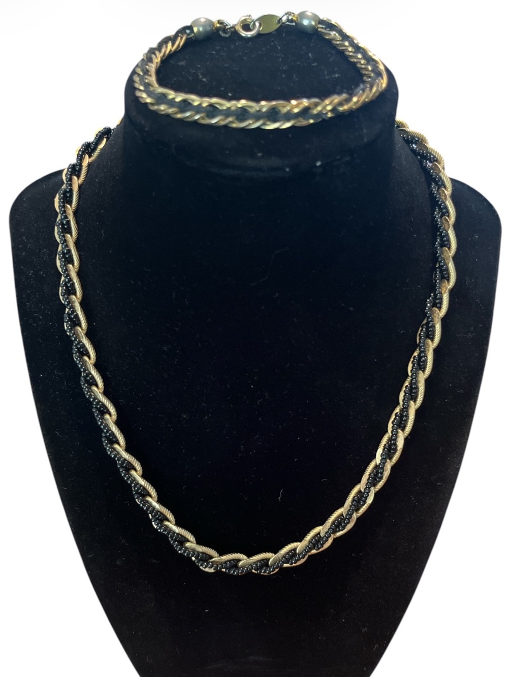 Trifari Gold and Black Twisted Rope Necklace and Bracelet Set